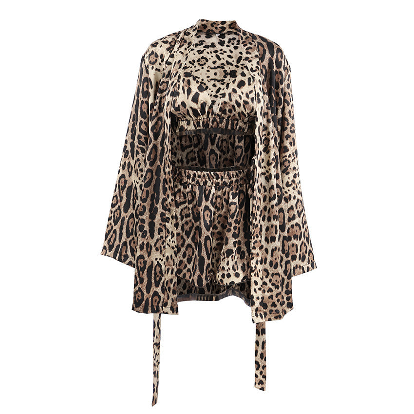 Leopard Print Lose langärmelige Unterwäsche Pyjamas Dreiteiliges Set