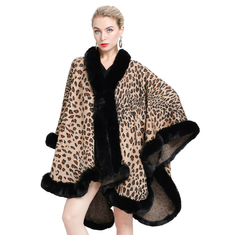 New Faux Fur Collar Leopard Print Jacquard Knitted Cardigan Shawl