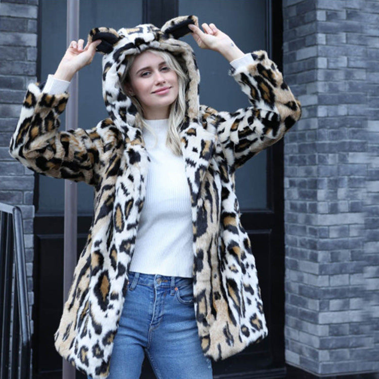 Lady's Fur Coat Leopard Print Hooded Mink