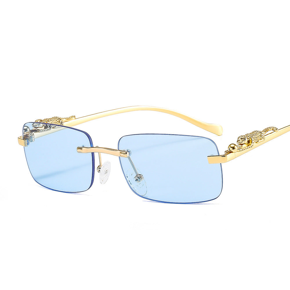 Rahmenlose quadratische Sonnenbrille Farbe Männer und Frauen Retro Leopard Kopf Metall Sonnenbrille