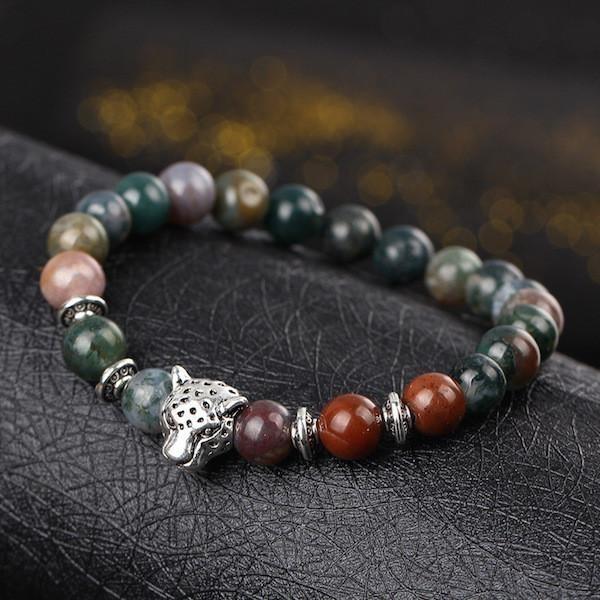 Leopard Round Bead Armband Herrenarmband Perlen Vulkanstein