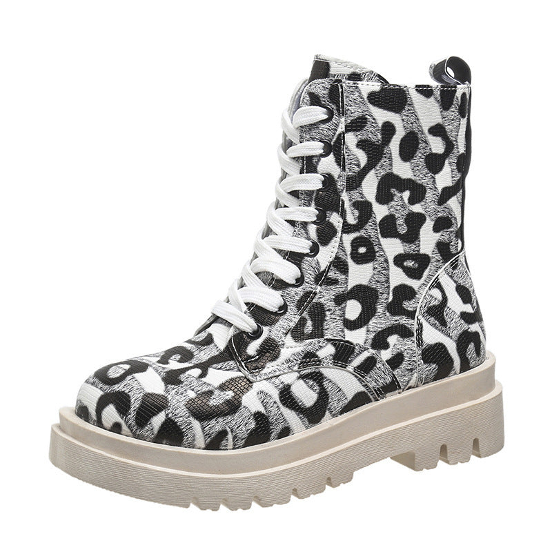 Frauen Martin Stiefel Schwarz Weiß Leopard Print Niedrig Heel Schuhe Cowgirl Stiefel