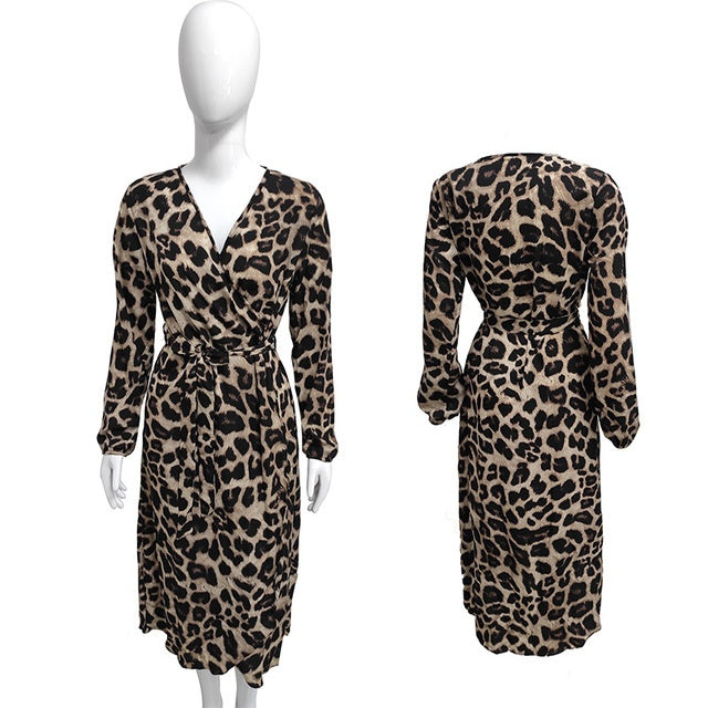 Leopardenmuster Kleid mit V-Ausschnitt und hoher Taille aus Spitze