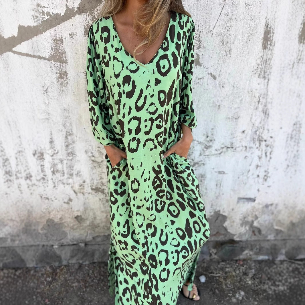 Leopard Print V-neck Printed Long Sleeve Loose Dress Women