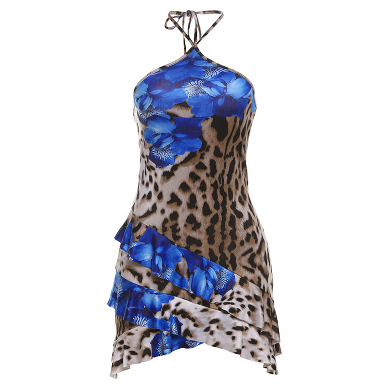 Summer Women's Backless Sexy Halter Lace-up Leopard Splicing Lace Sheath Short Dress