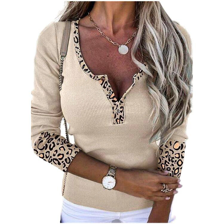 Leopard Style Spleißen V-Ausschnitt Knopf Top Sexy Slim Fit T-shirt