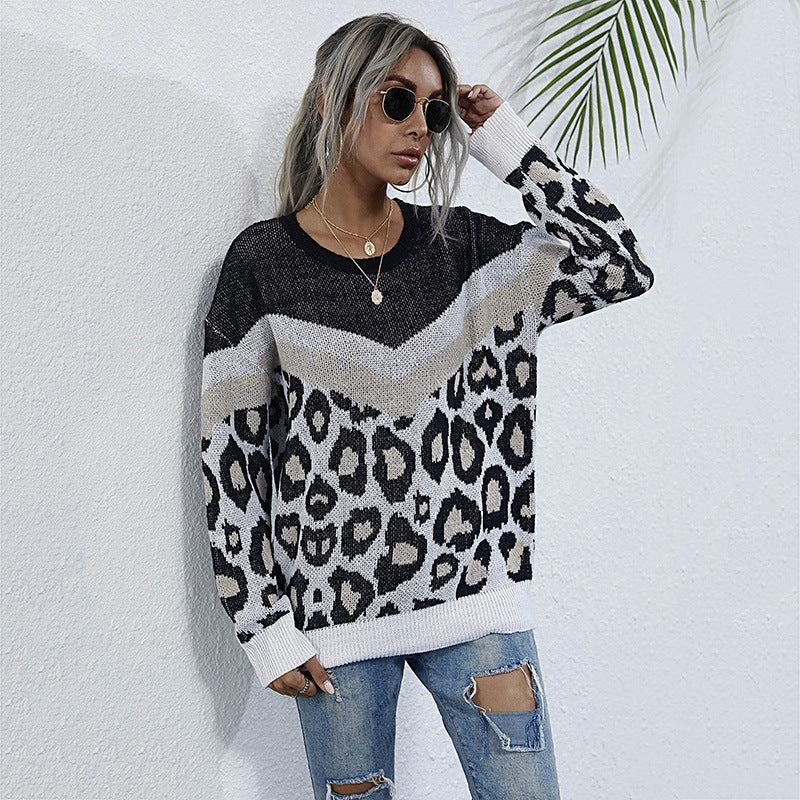 Leopard Print Stitching Loose Round Neck Knitted Sweater Women'S Pullover