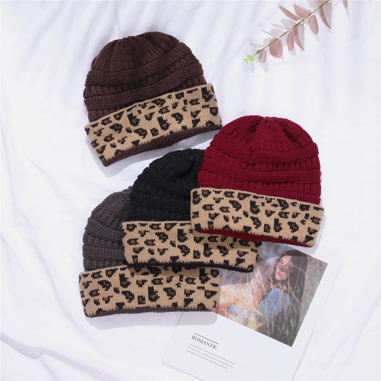 Damen Herbst Winter Leopard Print Cuffed Acryl gestrickt Hut