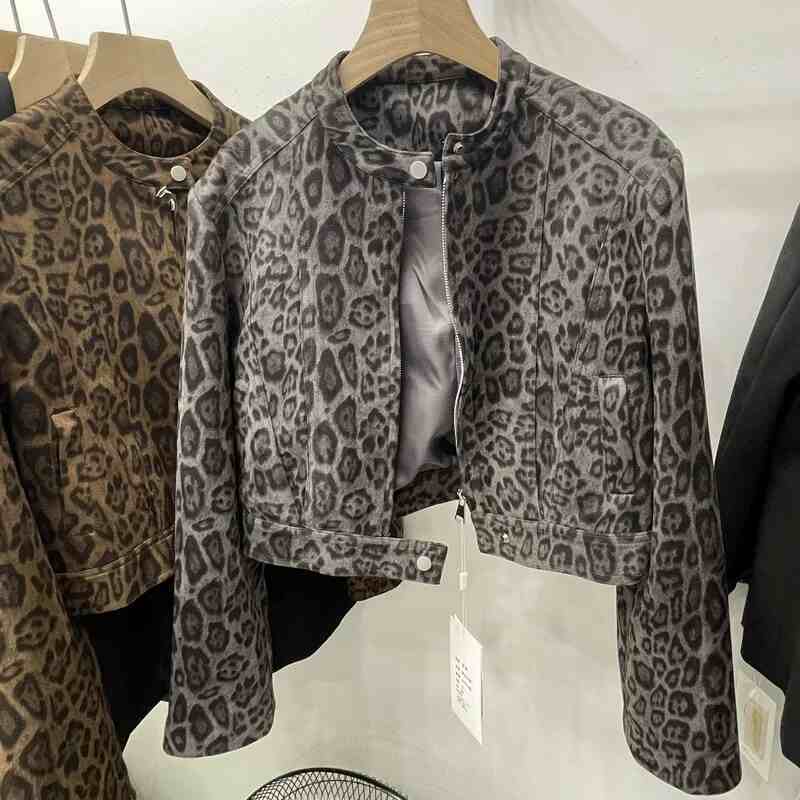 Slimming Long Sleeve Hong Kong Style Short Leopard Print Coat