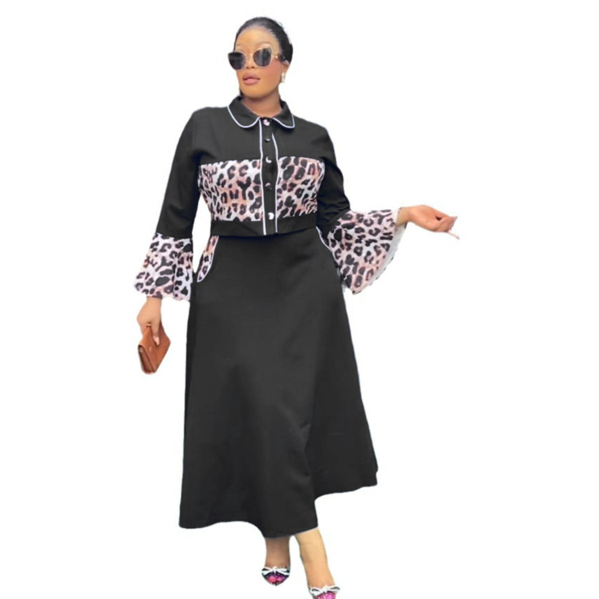 Leopardenmuster Patchwork-Top Langes Kleid Anzug
