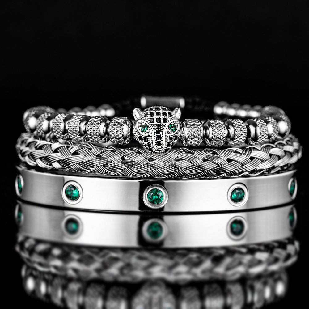 Mikro-Intarsien-Leopardenkopf-Armband-Set