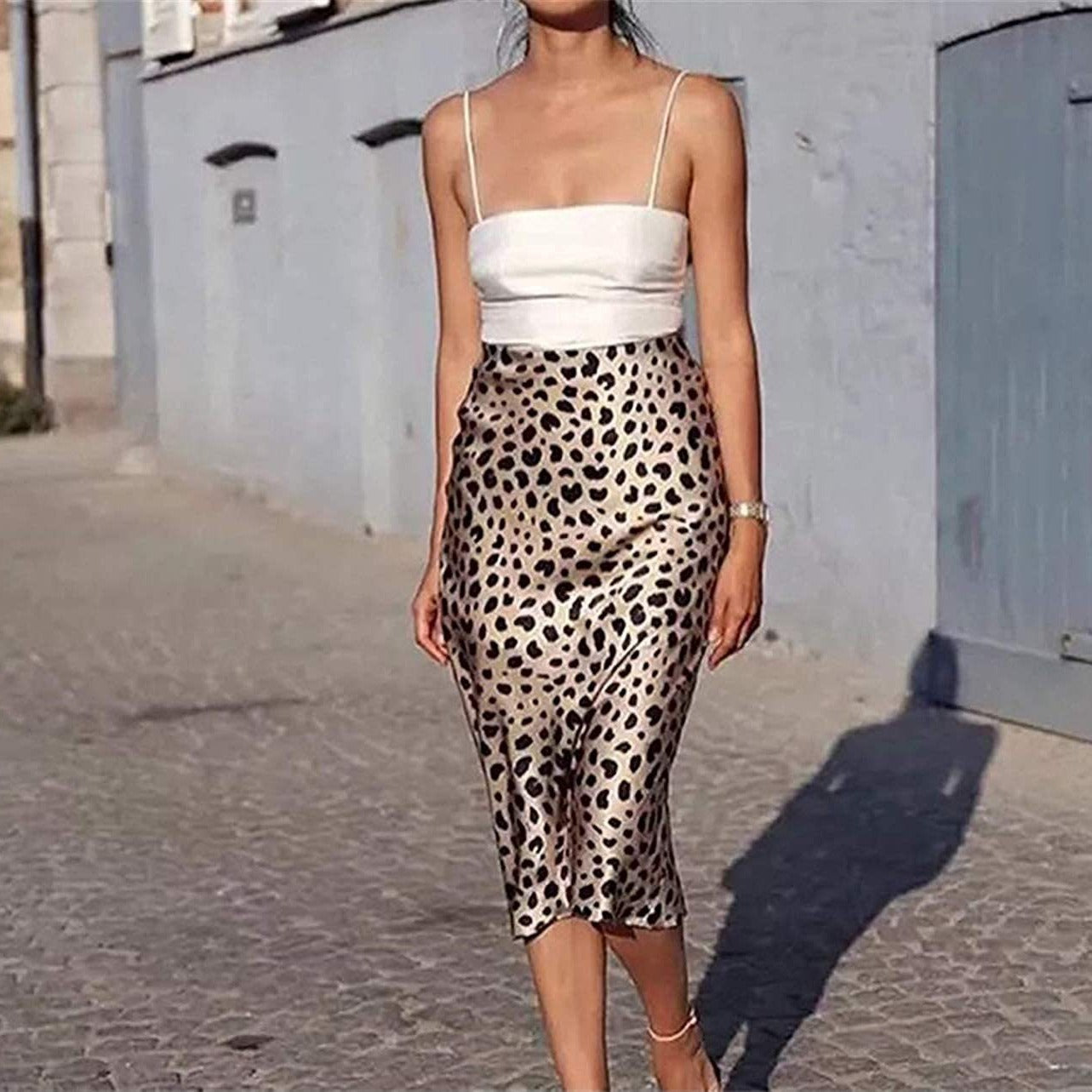 Damen Leopard Printed Kleid Hohe Taille Unsichtbarer Reißverschluss Rock