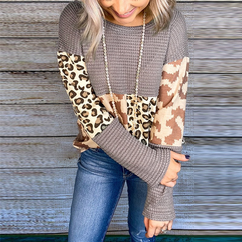 Leopard Stitching New Long-sleeved Top