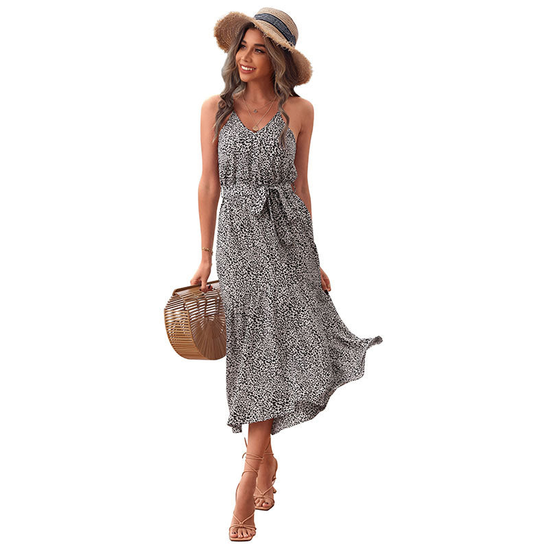 Printed Halter Dress Slim Fitting Lace Up Leopard Print