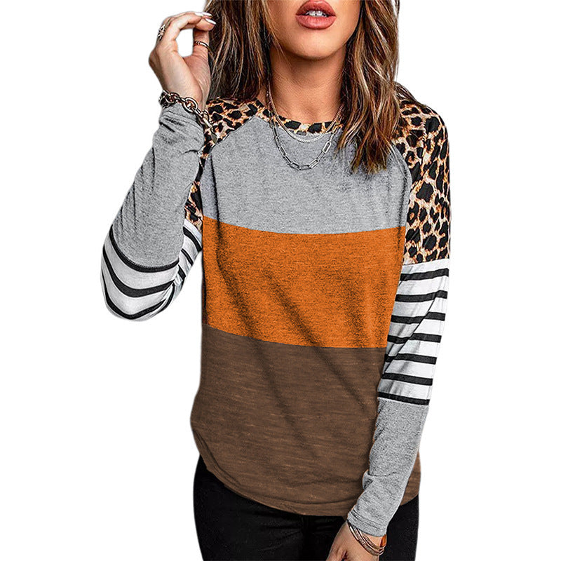 Leopard Stripe Stitching Long-sleeved Top