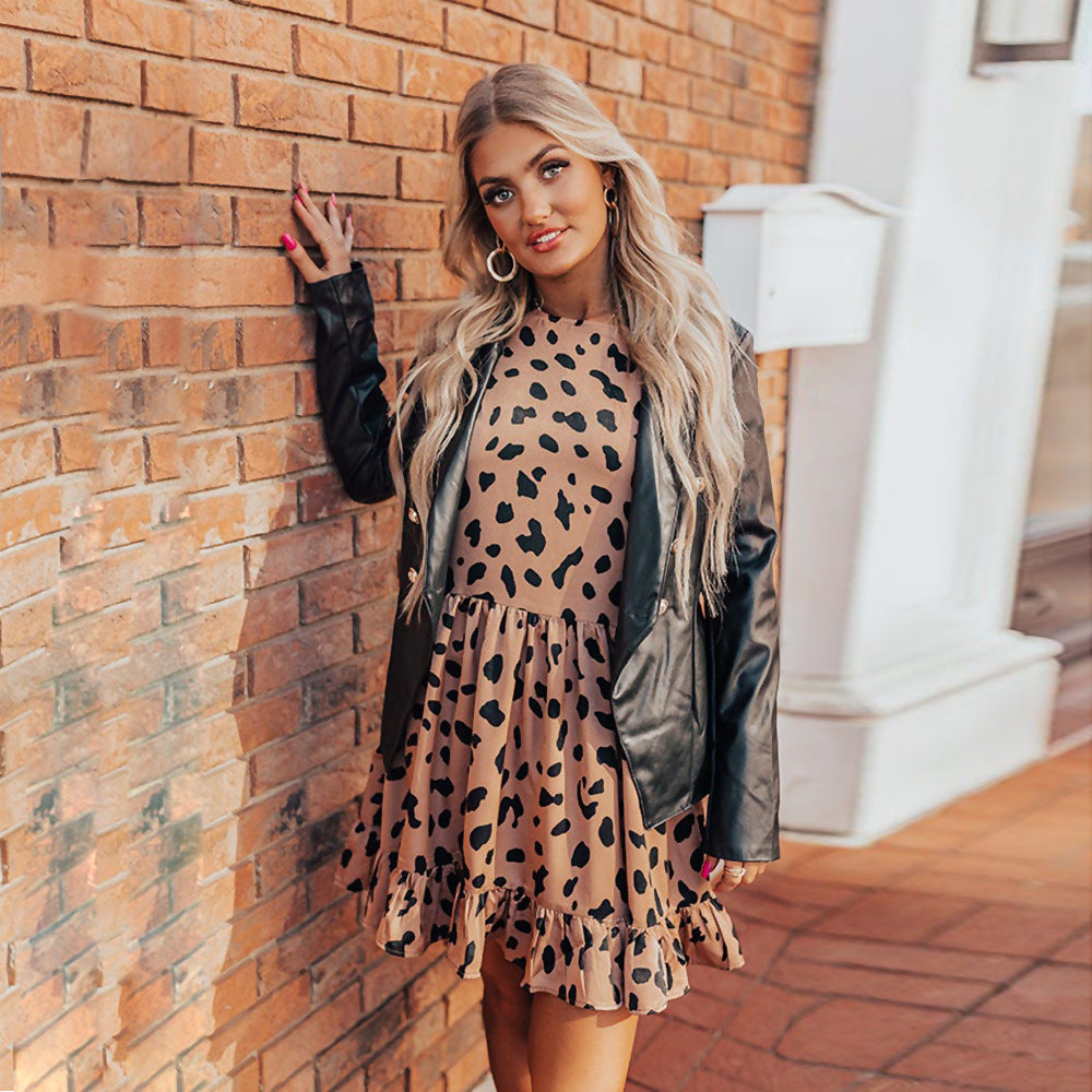 Damenmode Leopard Print Batwing Langärmeliges Kleid mit Nähten