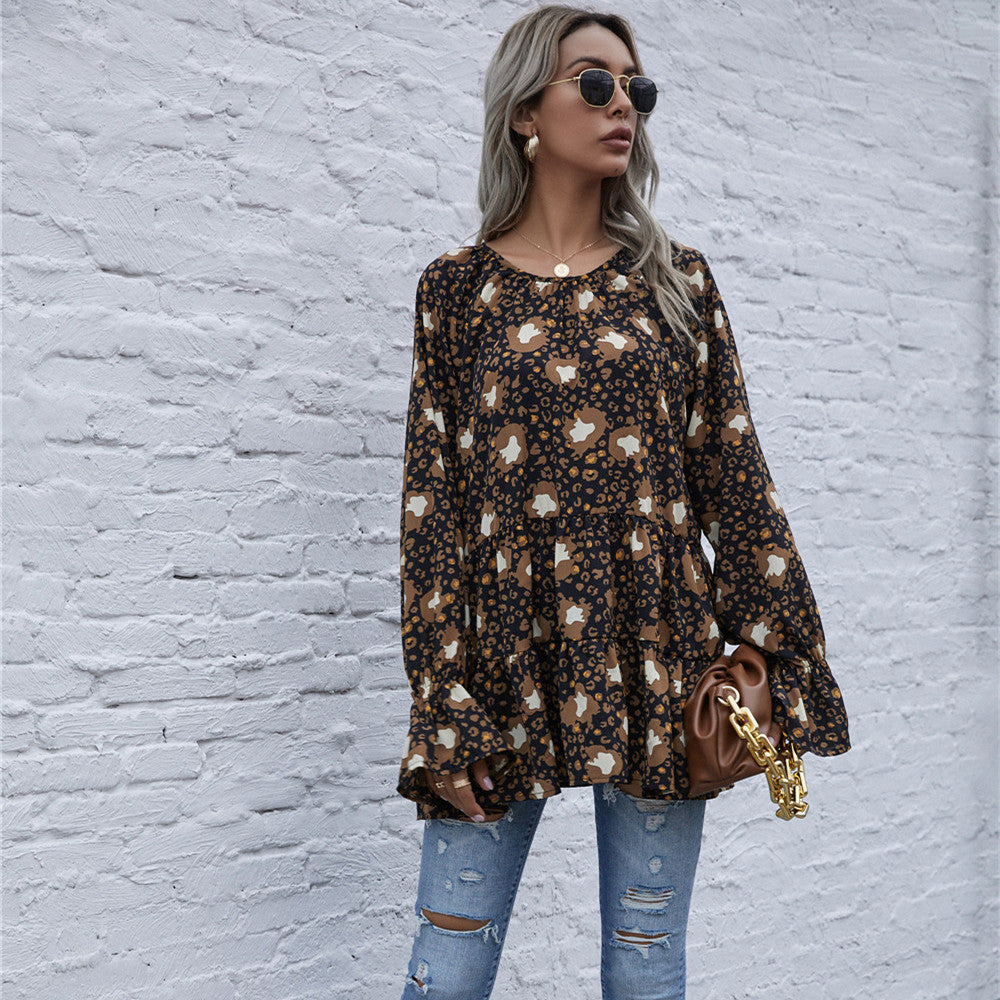 Women's Fashion Loose Flare Sleeve Tie-neck Leopard-print Shirt