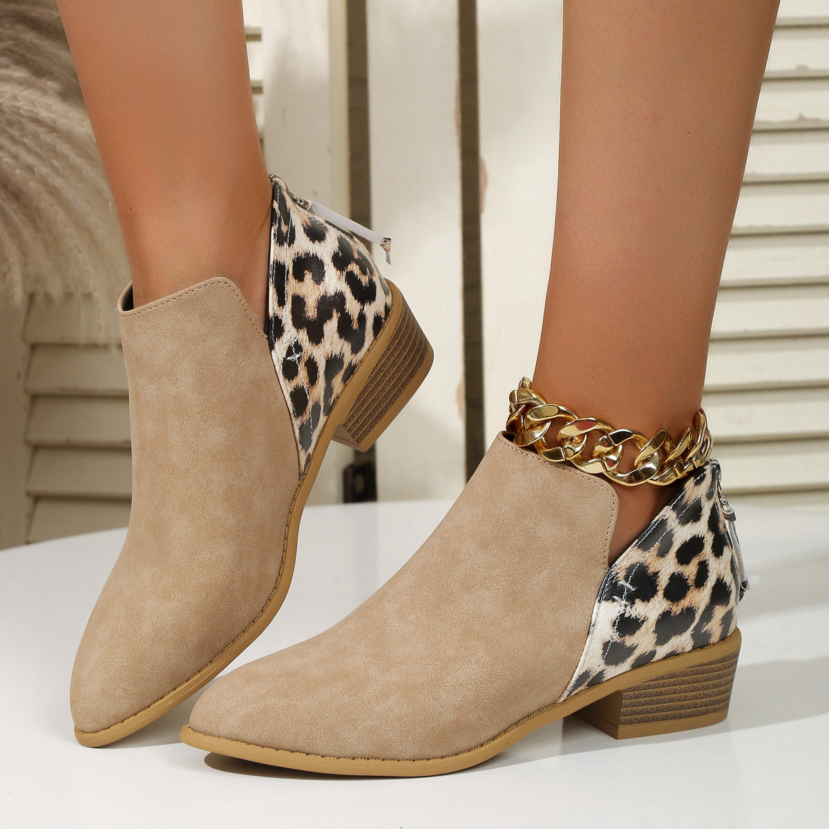 Mode Leopard Print Stiefel Frauen Pointed Toe Chunky Heel zurück Reißverschluss Schuhe