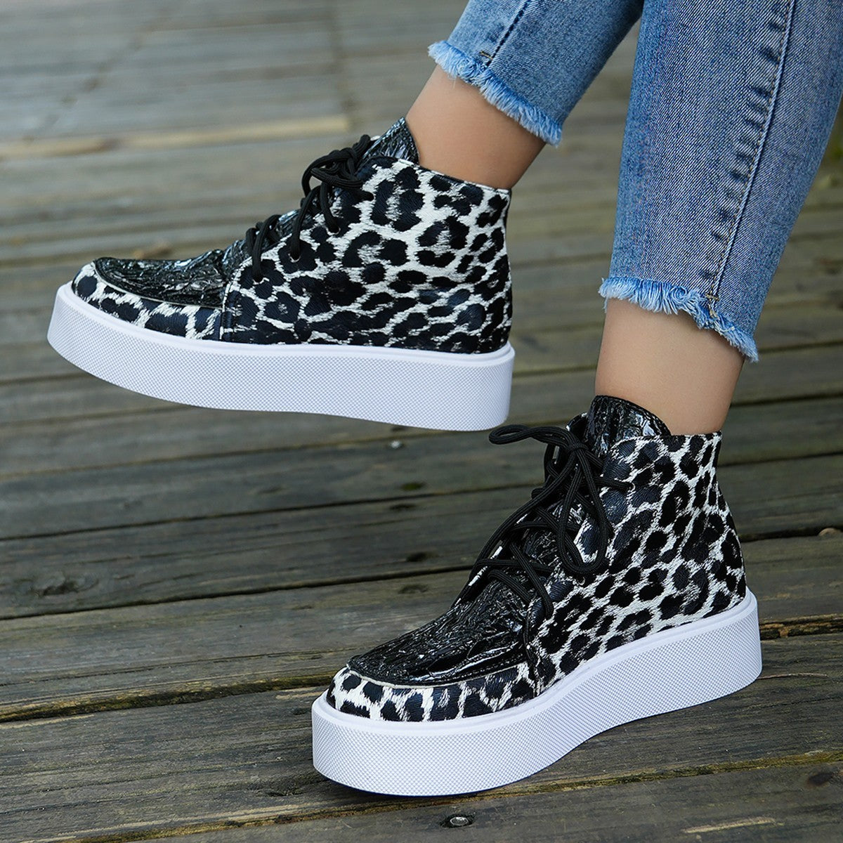 Herbst neue High-Top-Leoparden-Druck flach-Absatz-Plattform-Spitze Farbe Block Casual Frauen Schuhe