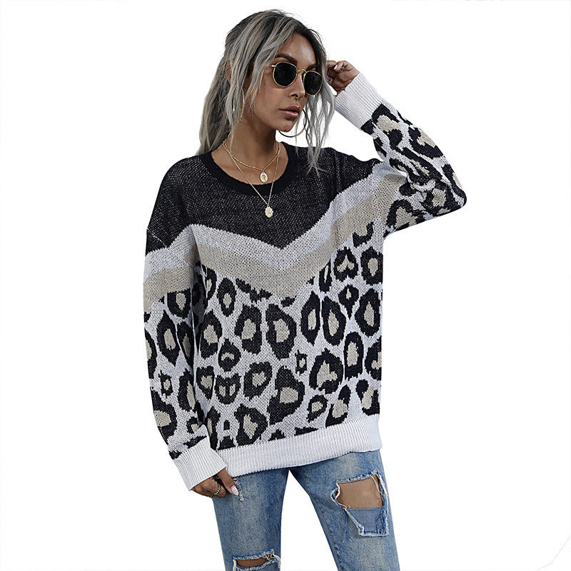 Leopard Print Stitching Loose Round Neck Knitted Sweater Women'S Pullover