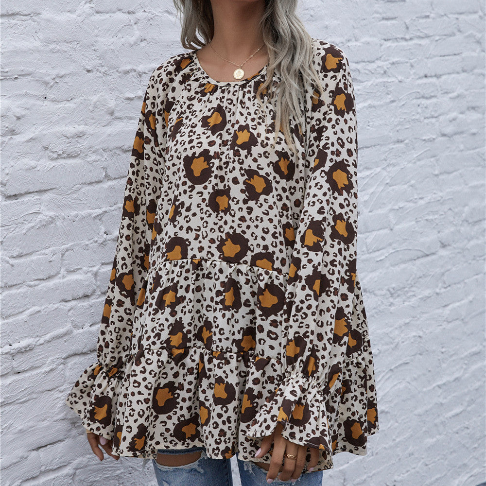 Women's Fashion Loose Flare Sleeve Tie-neck Leopard-print Shirt