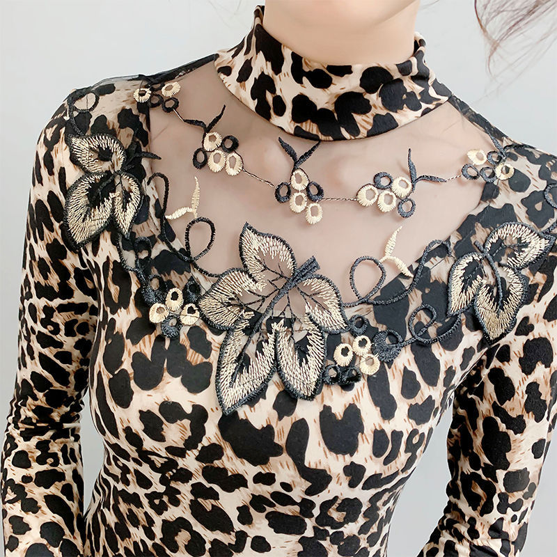 Leopard Print Bottoming Shirt Western Style Lace Embroidered Top