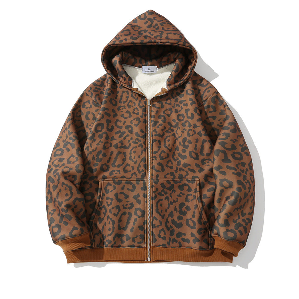 Leopard gedruckt Fleece Strickjacke Pullover Jacke lose dicke Hoodie Jacke
