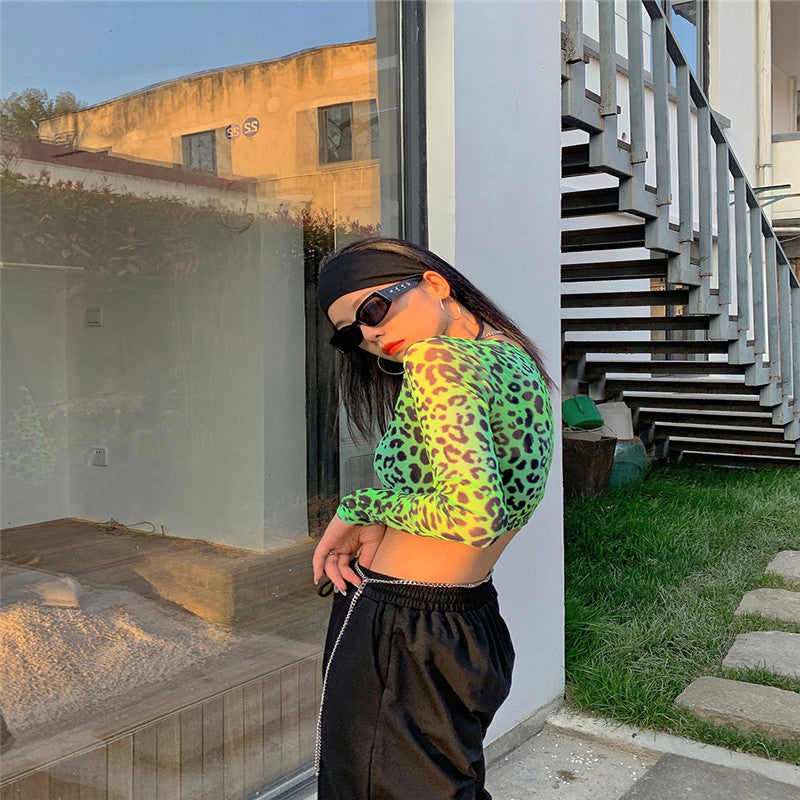 Tight fluorescent green leopard tulle sport's top