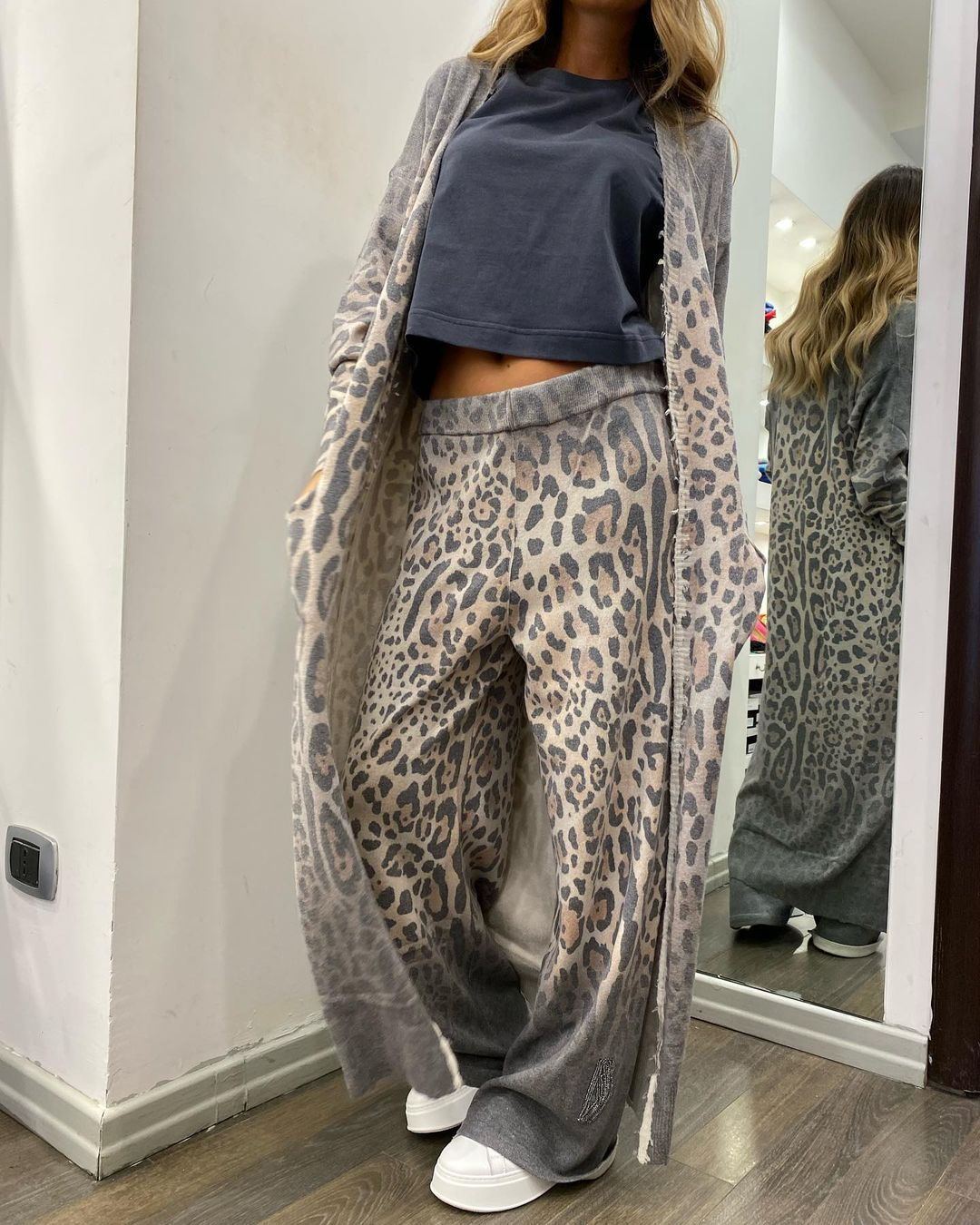 Leopard Print Langarm Strickjacke Jacke Hose Anzug Frauen