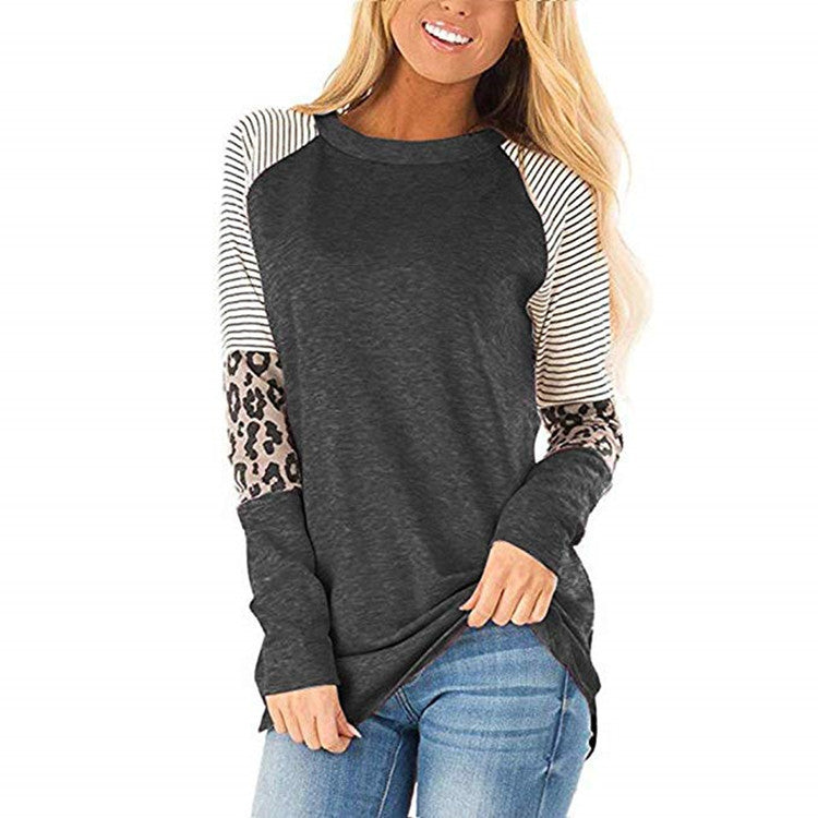 Langärmeliges Paneel Leopard style Lässiges T Shirt Top