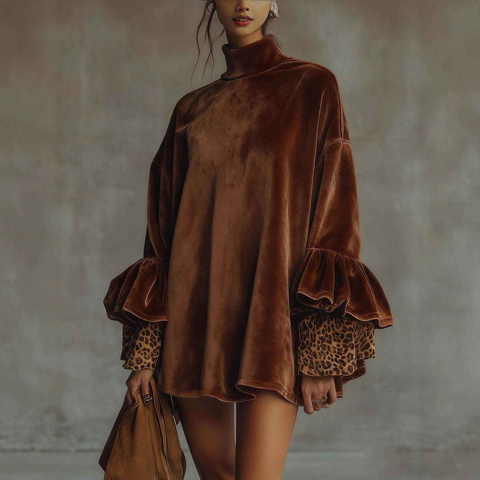 Autumn And Winter New Gold Velvet With Leopard Print Turtleneck Dress