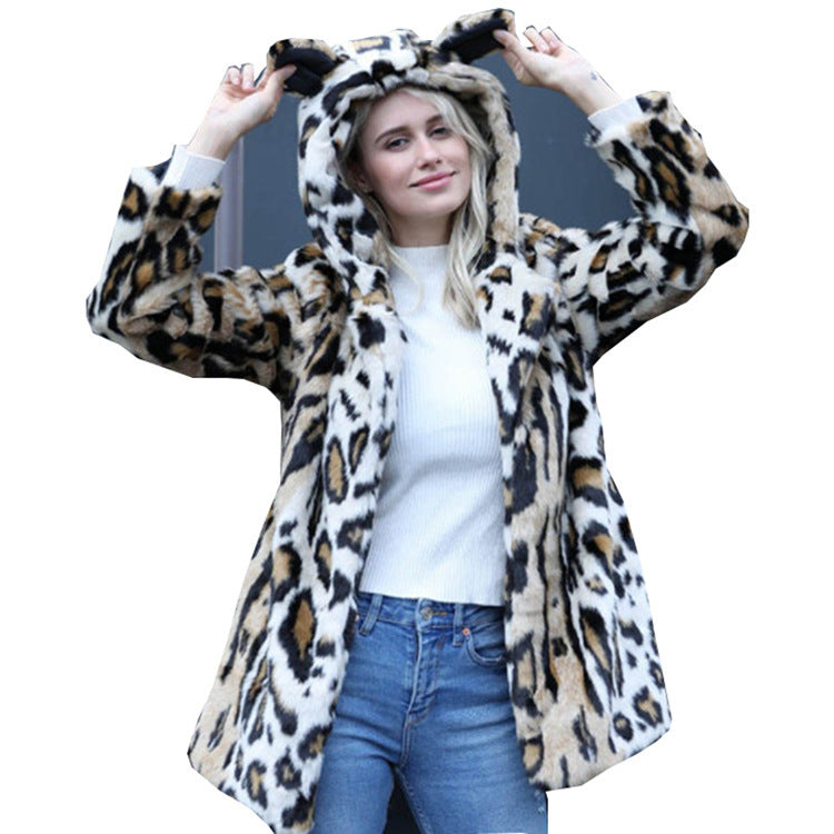 Lady's Fur Coat Leopard Print Hooded Mink
