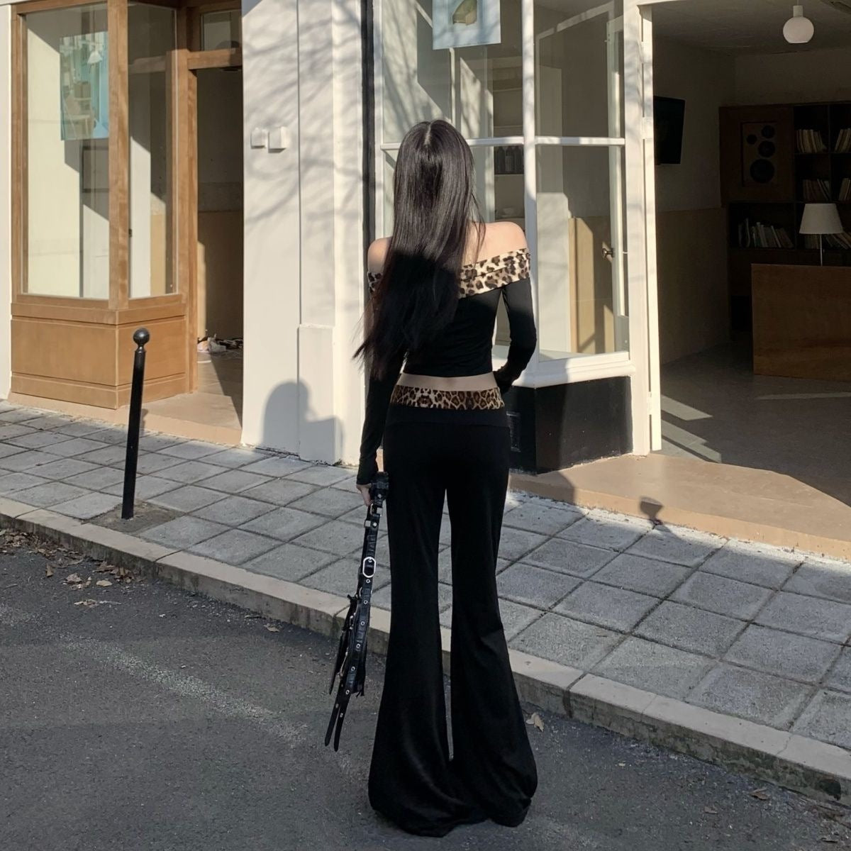 Off-shoulder Leopard Splicing Long Sleeve Autumn And Winter American Hot Girl Suit