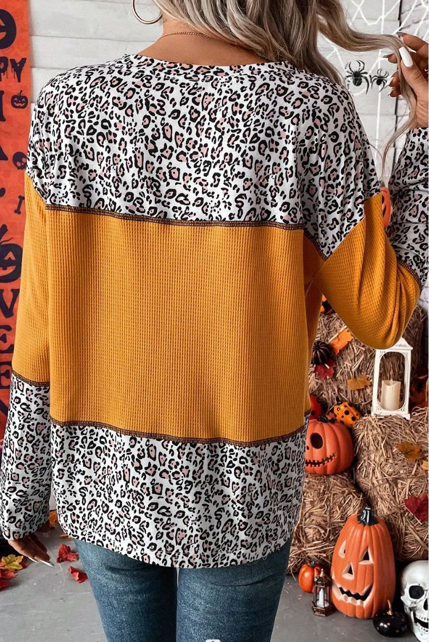 European And American Pullover Round Neck Leopard Splicing Waffle Sweater