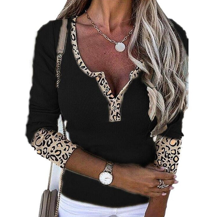Leopard Style Spleißen V-Ausschnitt Knopf Top Sexy Slim Fit T-shirt
