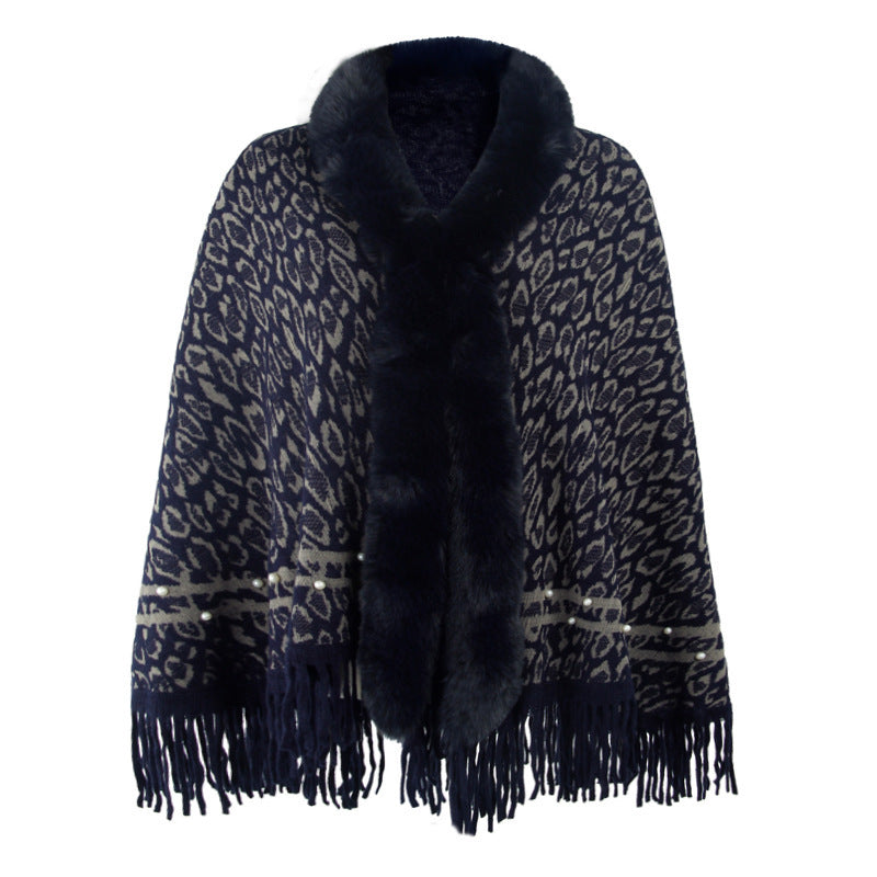 Women's Fringed Warm Leopard Print Fur Collar Coat