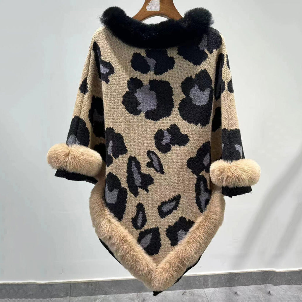 Leopard Print Plus Size Pullover Cloak Big Fur Collar Irregular Mid-length Cloak