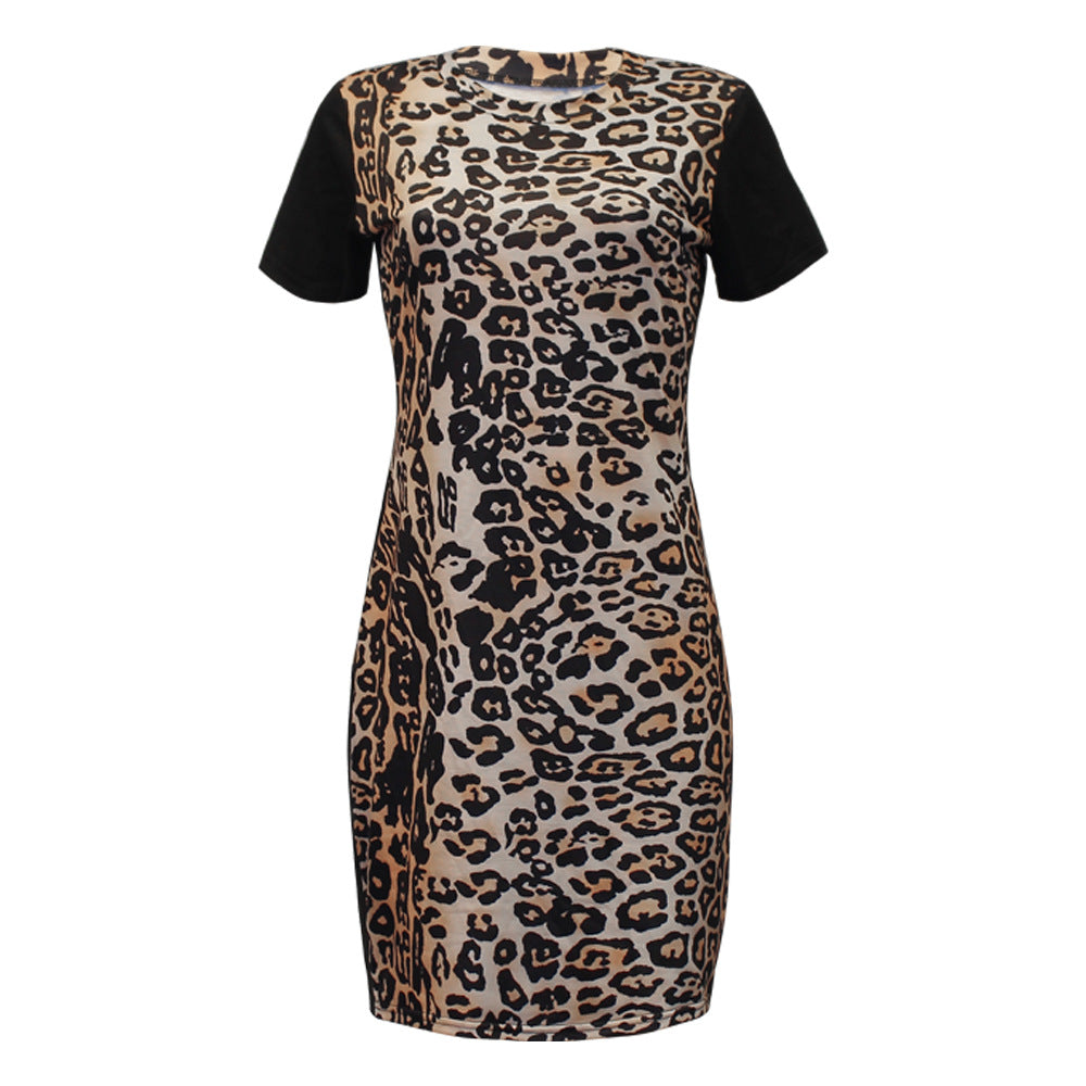 Women's Leopard Print Crew Neck Short Sleeve Panel Body Dress