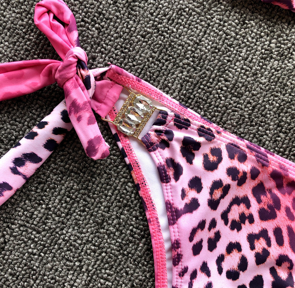 Pink Leopard Print Sexy Split Swimsuit