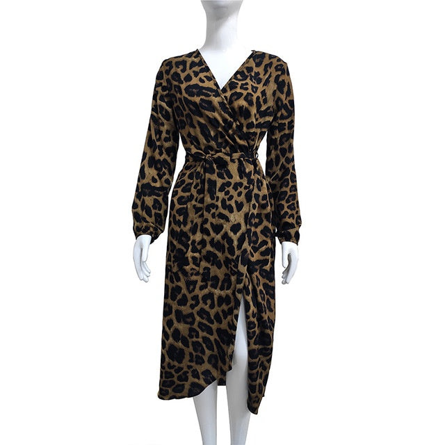 Leopardenmuster Kleid mit V-Ausschnitt und hoher Taille aus Spitze