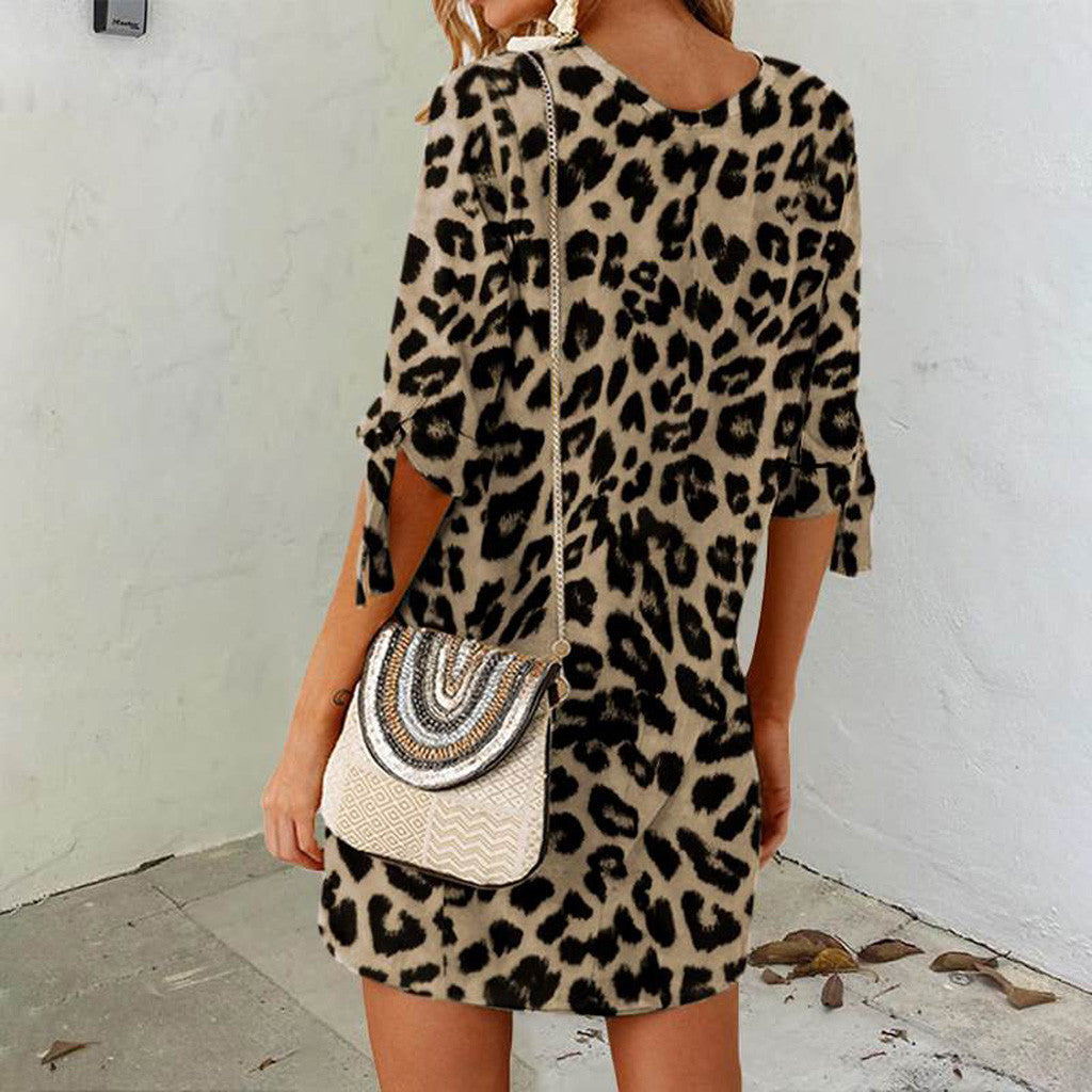 Damenbekleidung Leopard Print Rundhalsausschnitt Kleid