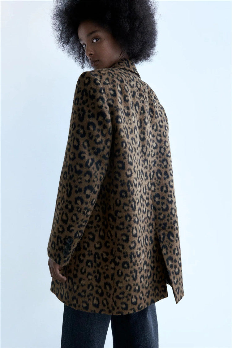 Sexy leopard print European and American style casual simple mid-length woolen jacket