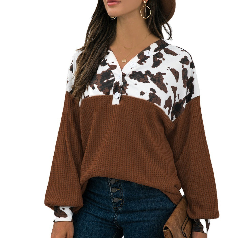 Leopard Print Stitching Loose Casual Long-sleeved Sweater