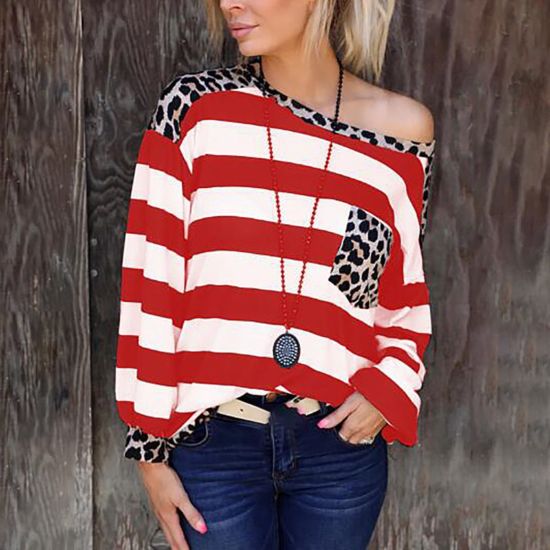 Printed Long Sleeve Stitching Leopard Print Pocket Loose Top