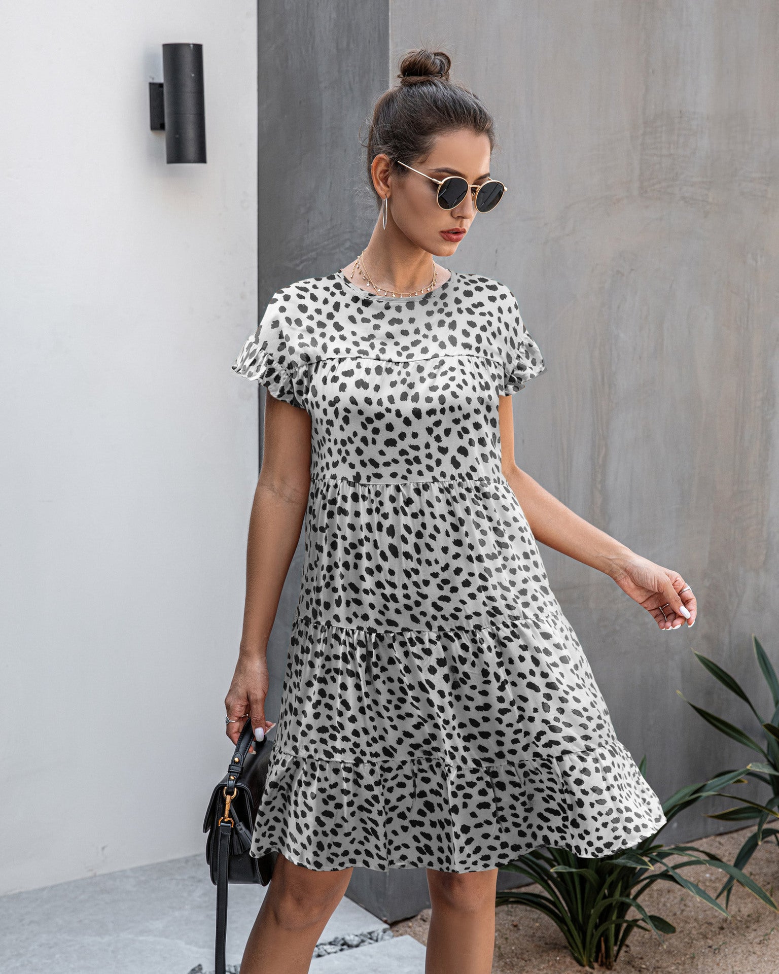 Leopardenmuster Rundhalsausschnitt Kurzarm lockeres Kleid