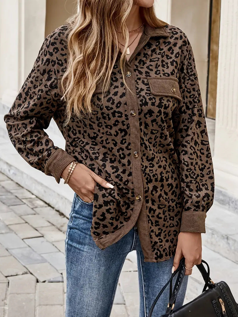 Fashion Leopard Print Corduroy Button Long Sleeve Coat