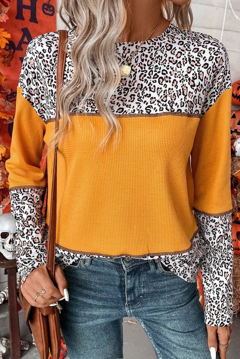 European And American Pullover Round Neck Leopard Splicing Waffle Sweater