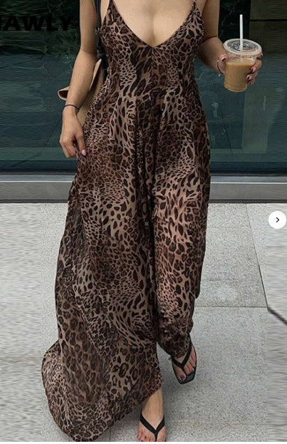 Damen Sommer Mode Leopard Print Spaghetti Strap Kleid
