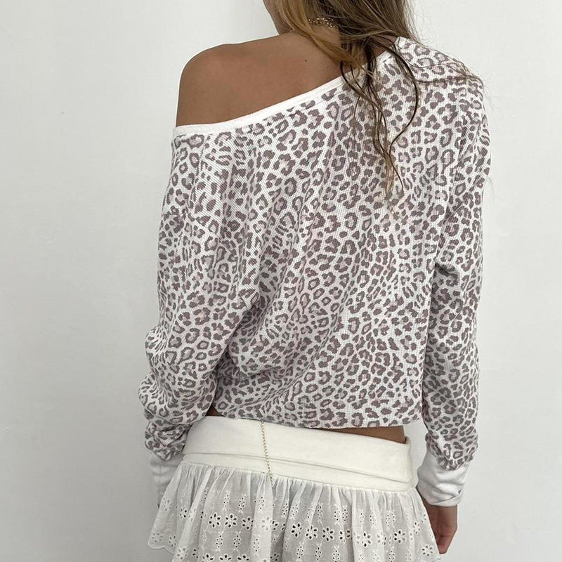 European And American Style Leopard Print Loose-fitting V-neck Top