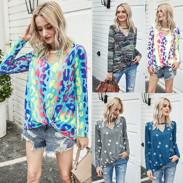 Hollowed-out leopard-print tops